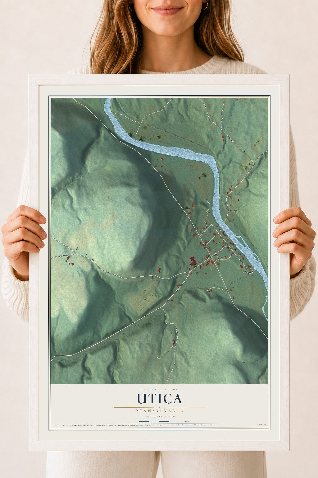 Map of Utica, Pennsylvania, 18 x 24 inch print in a white wood frame