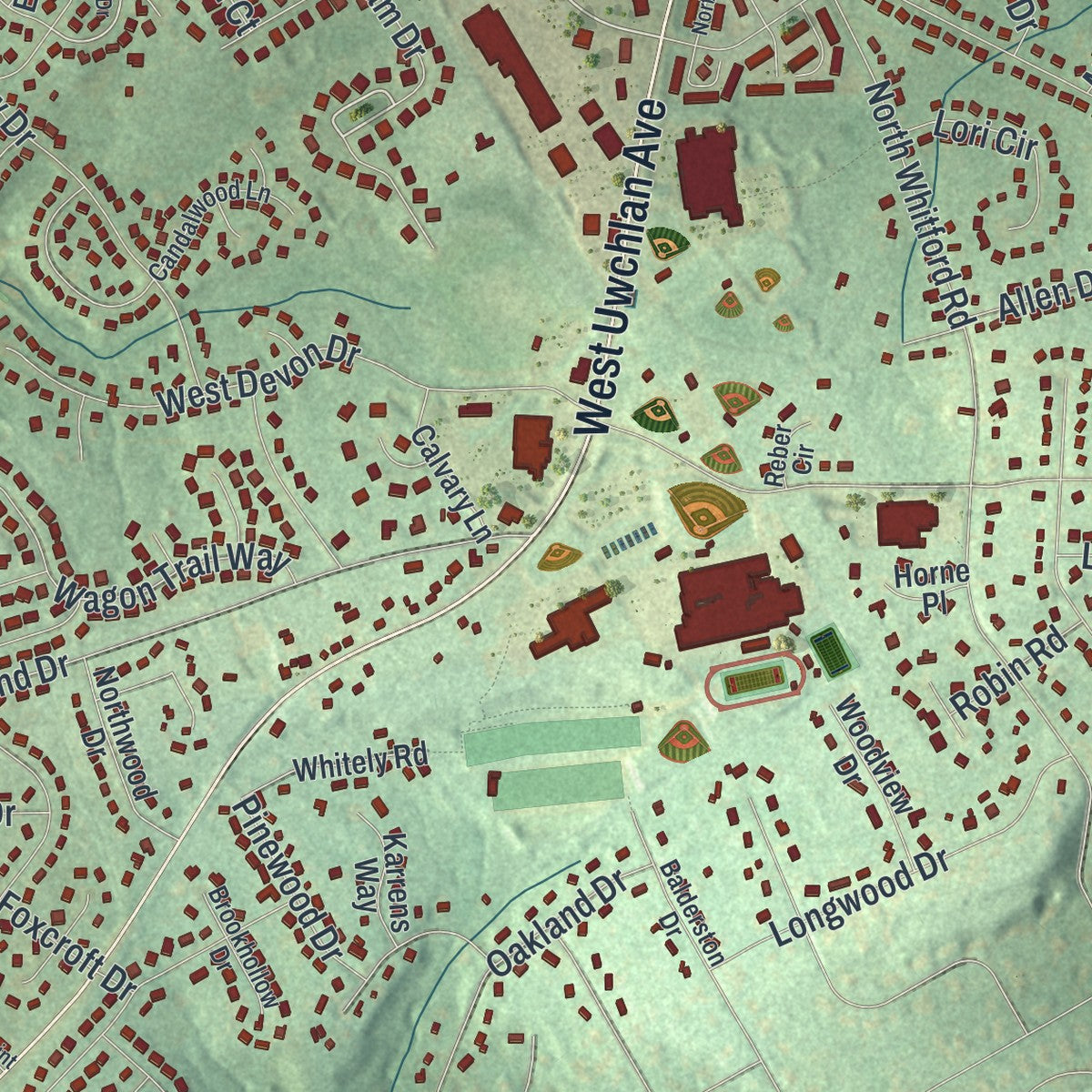 Close-up of the map of Uwchlan, Pennsylvania print showing street and building detail
