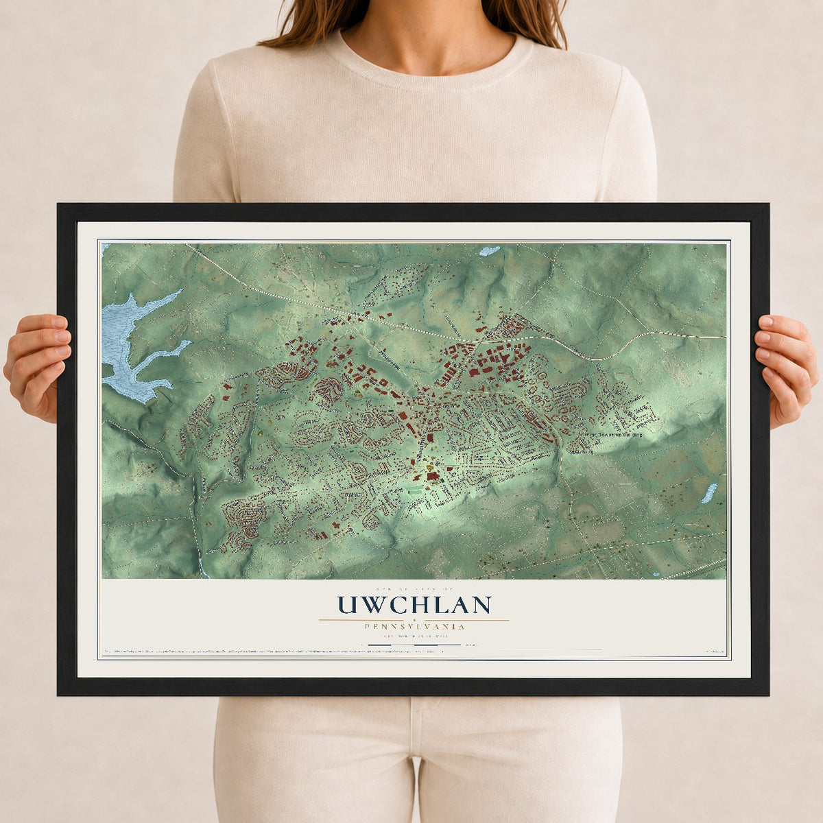 Map of Uwchlan, Pennsylvania, 12 x 18 inch print in a black wood frame
