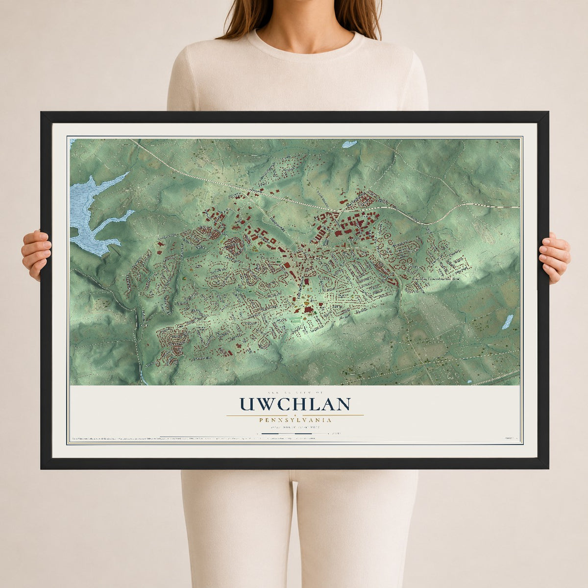 Map of Uwchlan, Pennsylvania, 24 x 36 inch print in a black wood frame