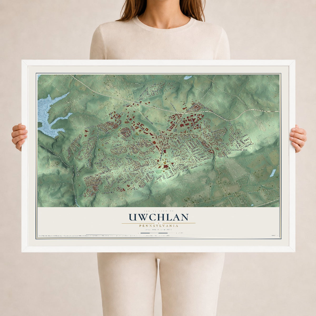 Map of Uwchlan, Pennsylvania, 24 x 36 inch print in a white wood frame