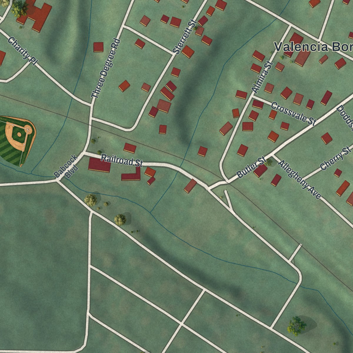 Close-up of the map of Valencia, Pennsylvania print showing street and building detail
