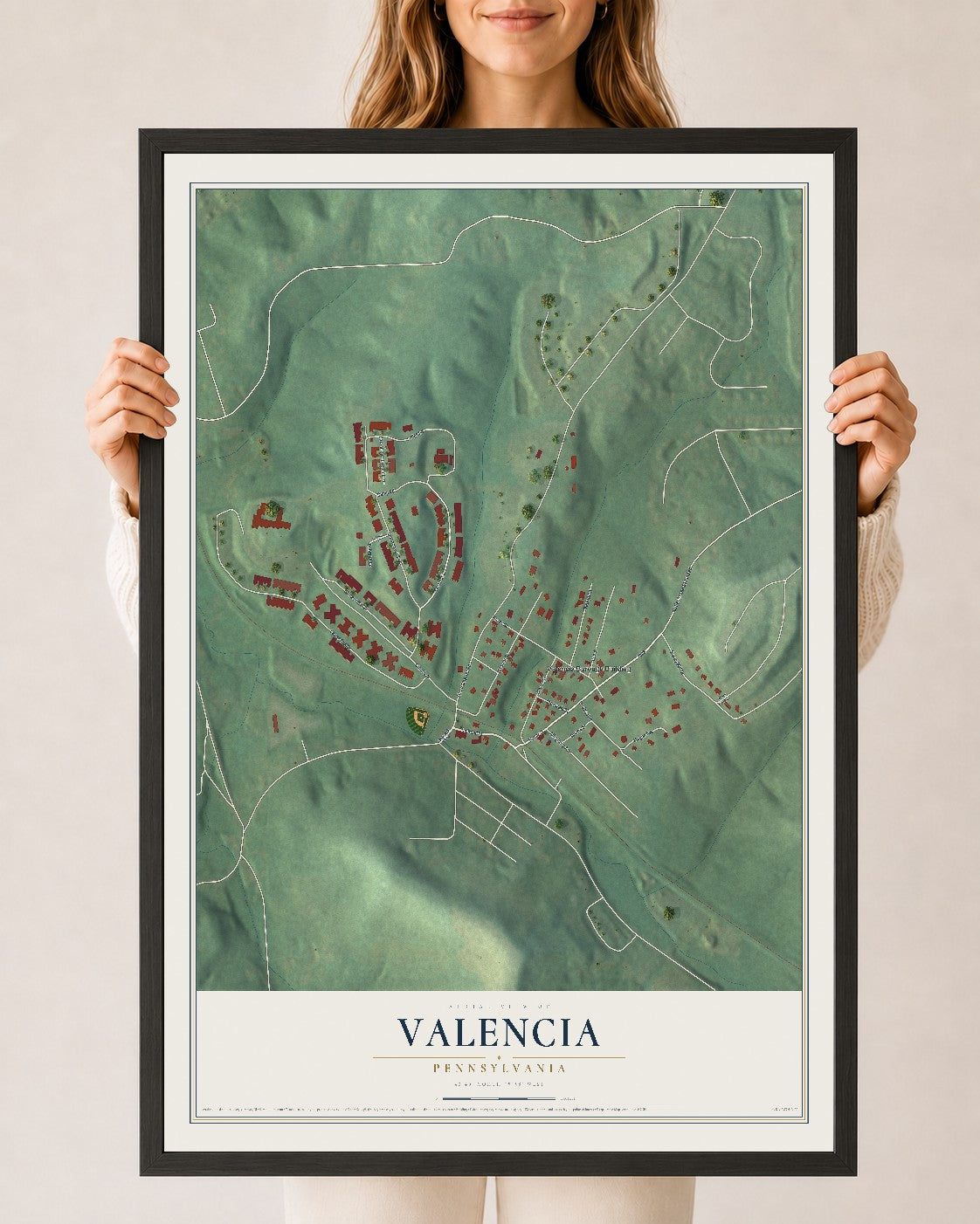 Map of Valencia, Pennsylvania, 24 x 36 inch print in a black wood frame