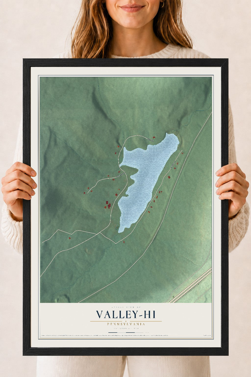 Map of Valley-Hi, Pennsylvania, 18 x 24 inch print in a black wood frame