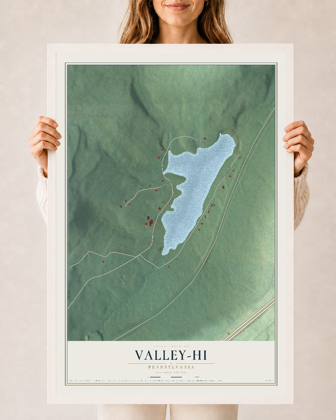 Map of Valley-Hi, Pennsylvania, 24 x 36 inch print in a white wood frame