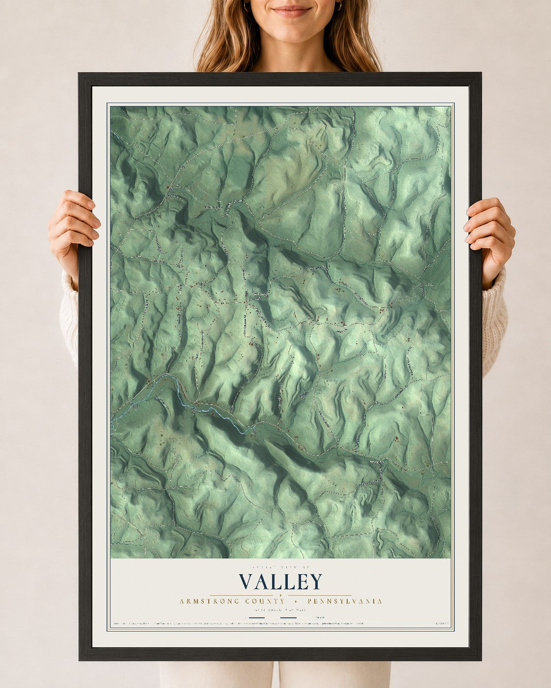 Map of Valley, Armstrong County, Pennsylvania, 24 x 36 inch print in a black wood frame
