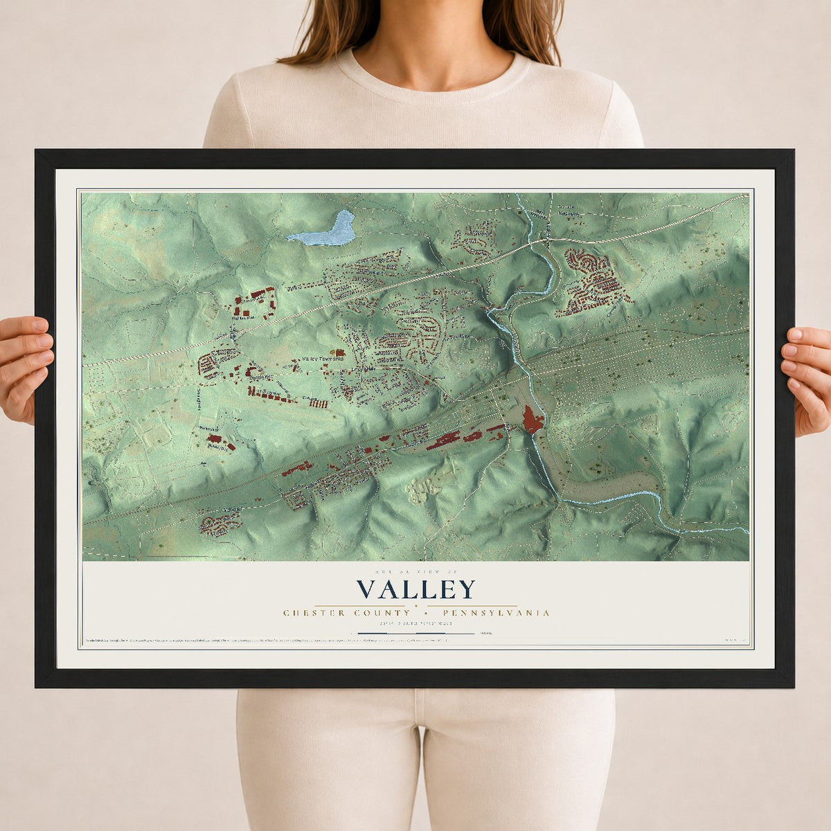 Map of Valley, Chester County, Pennsylvania, 18 x 24 inch print in a black wood frame