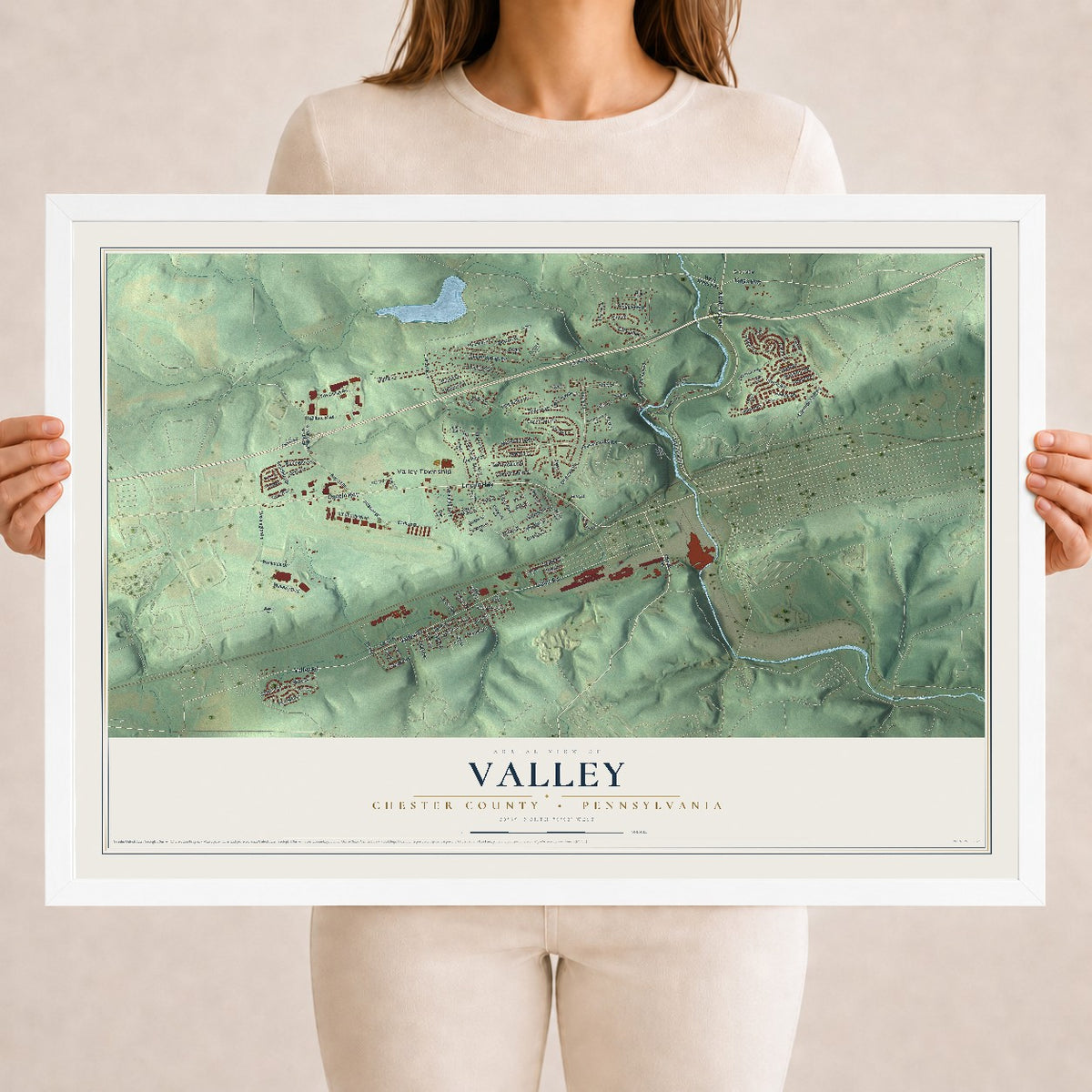 Map of Valley, Chester County, Pennsylvania, 18 x 24 inch print in a white wood frame