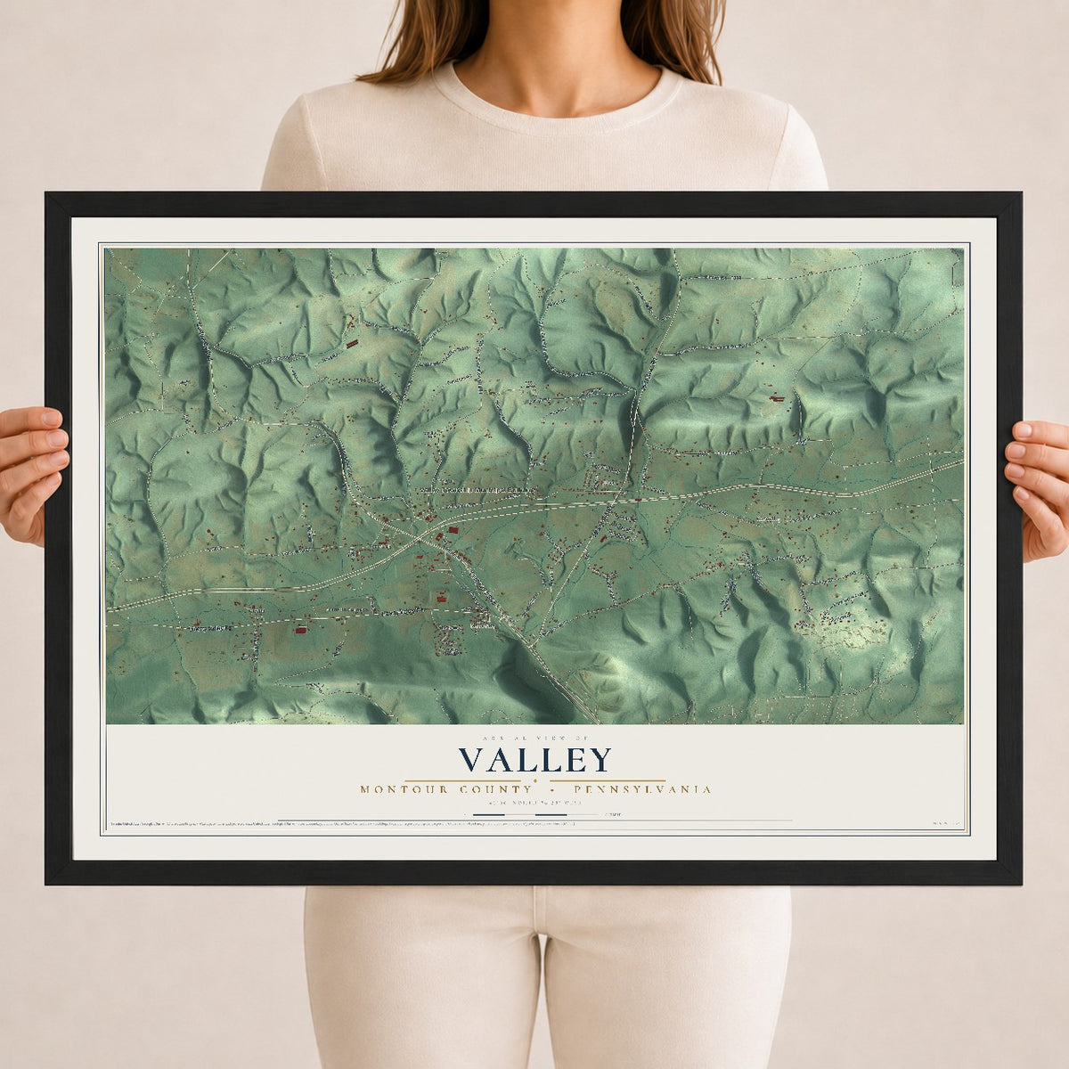 Map of Valley, Montour County, Pennsylvania, 18 x 24 inch print in a black wood frame