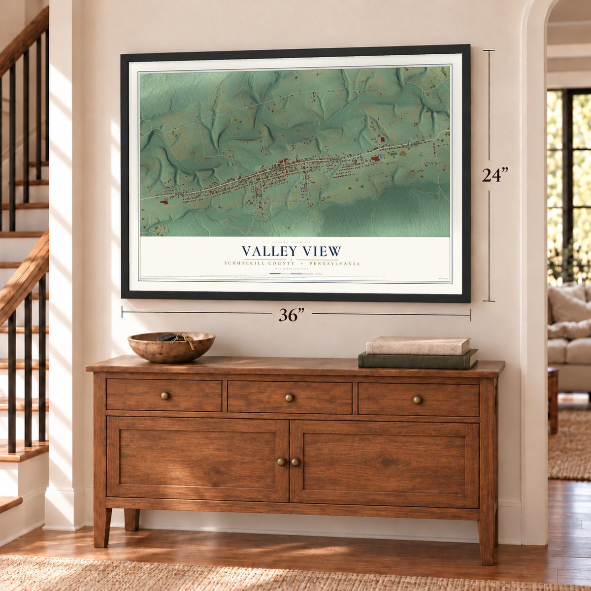 Valley View, Schuylkill County, Pennsylvania map, 24 x 36 inch print in a black frame above a dresser by a staircase