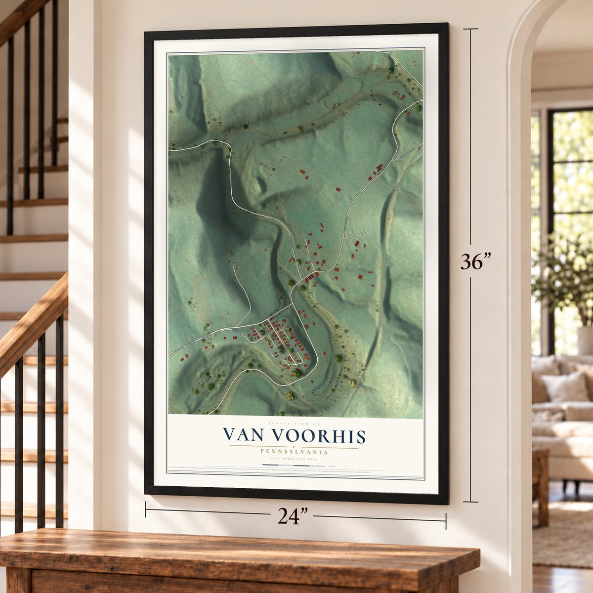 Van Voorhis, Pennsylvania map, 24 x 36 inch print in a black frame by a staircase