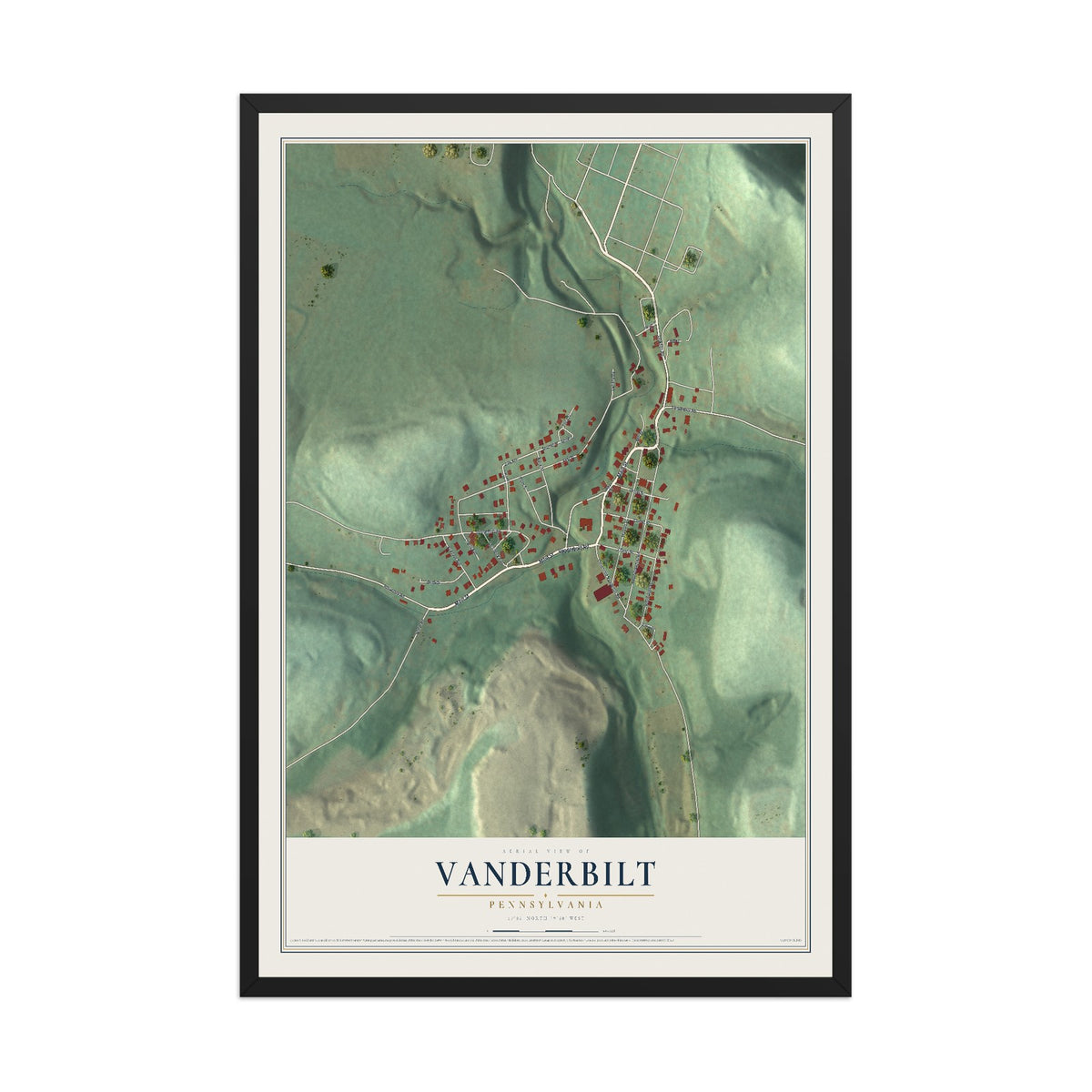 Map of Vanderbilt, Pennsylvania, 12 x 18 inch print in a black wood frame