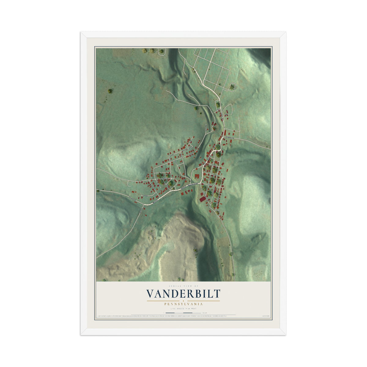Map of Vanderbilt, Pennsylvania, 12 x 18 inch print in a white wood frame