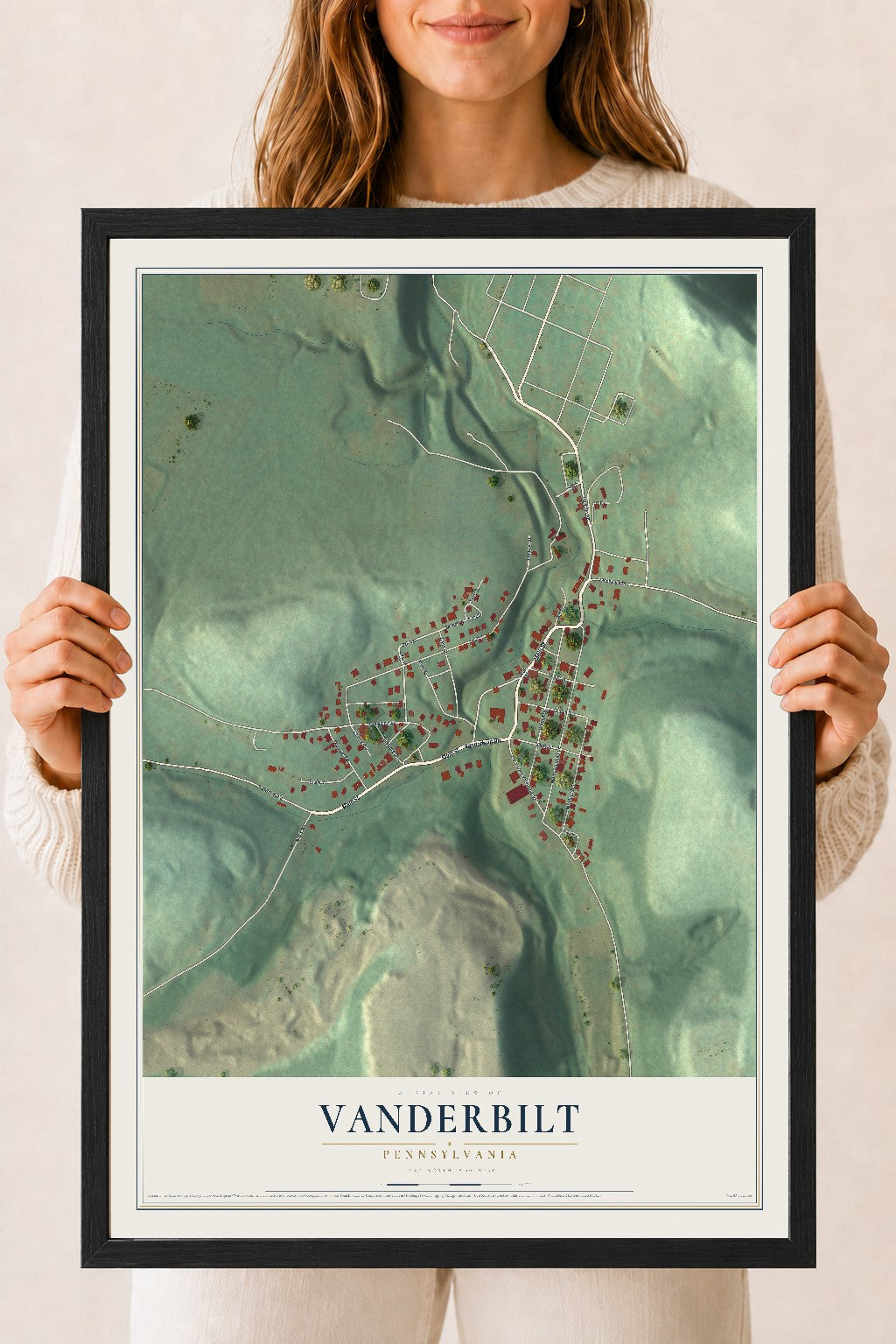 Map of Vanderbilt, Pennsylvania, 18 x 24 inch print in a black wood frame