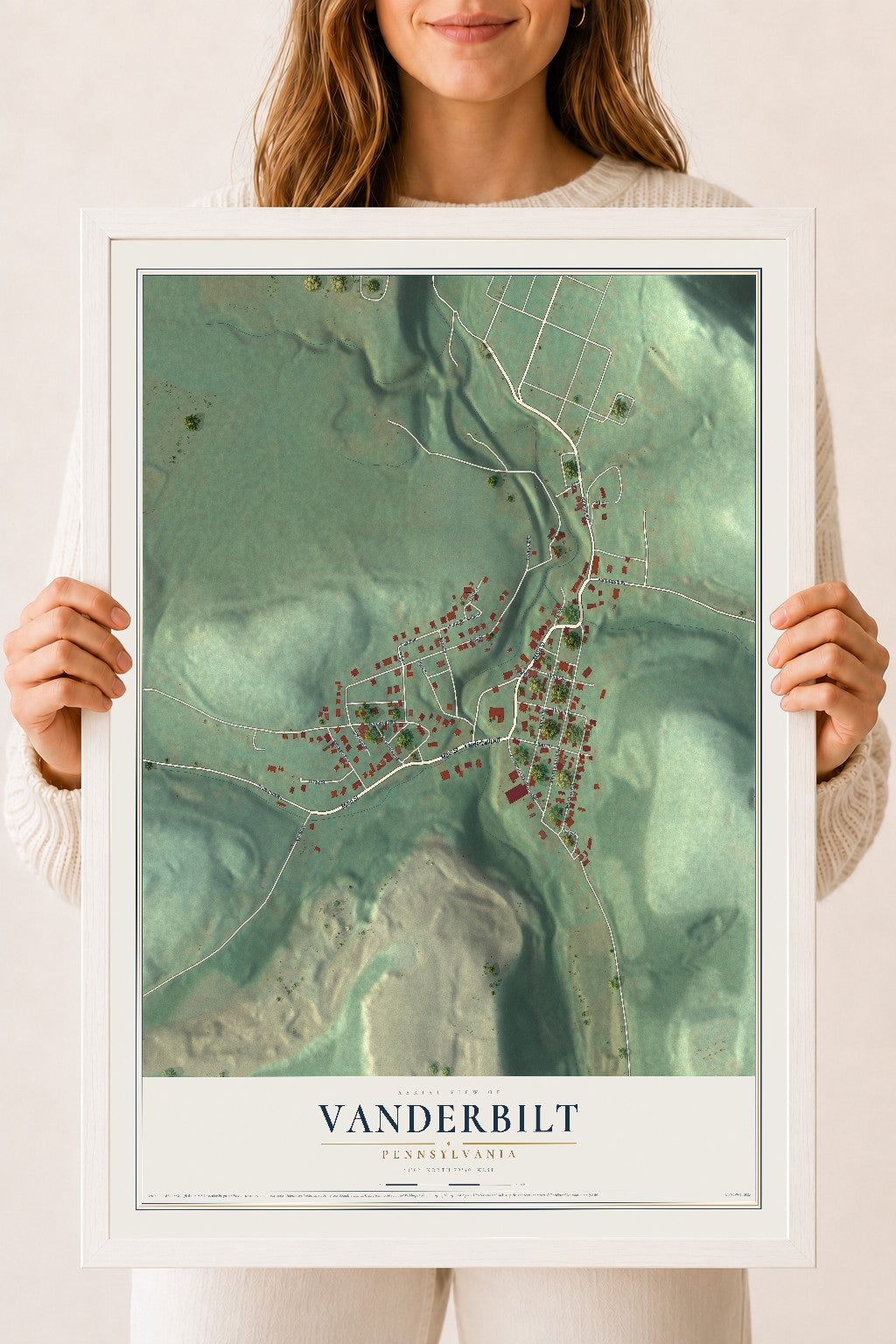 Map of Vanderbilt, Pennsylvania, 18 x 24 inch print in a white wood frame