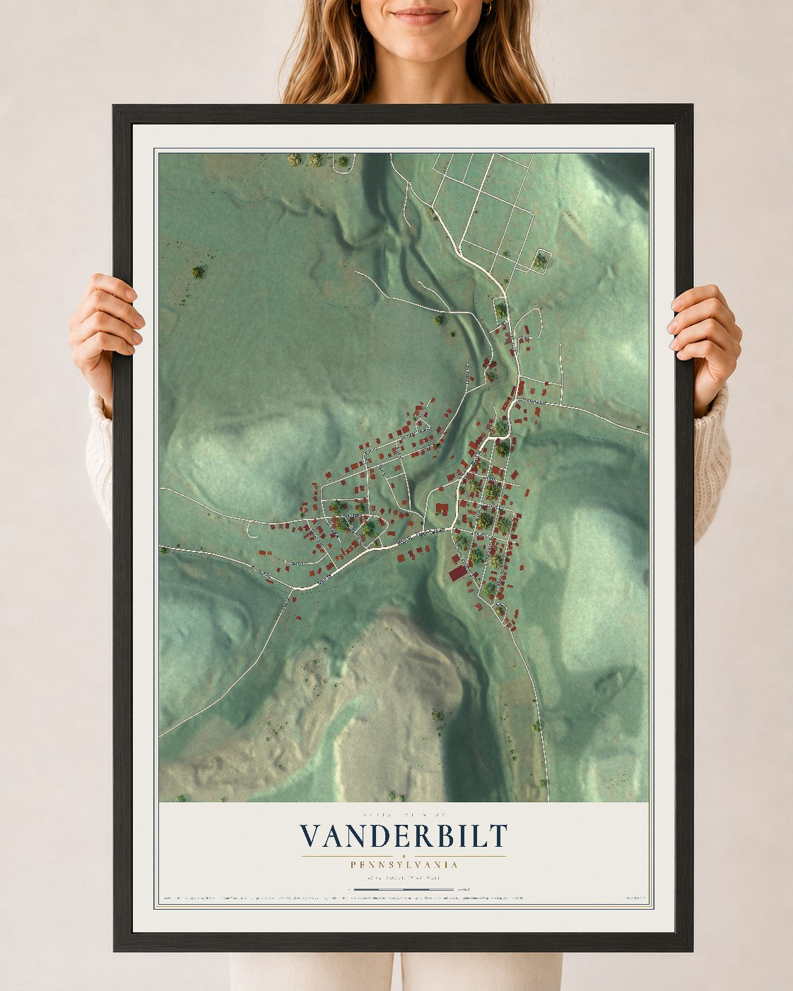 Map of Vanderbilt, Pennsylvania, 24 x 36 inch print in a black wood frame