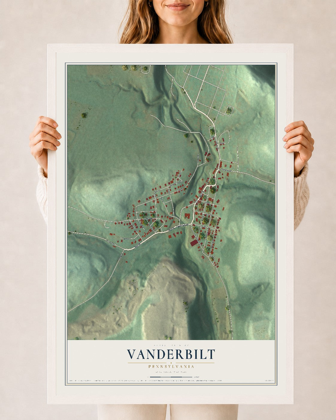 Map of Vanderbilt, Pennsylvania, 24 x 36 inch print in a white wood frame