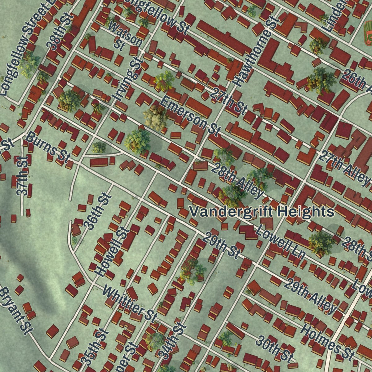 Close-up of the map of Vandergrift, Pennsylvania print showing street and building detail