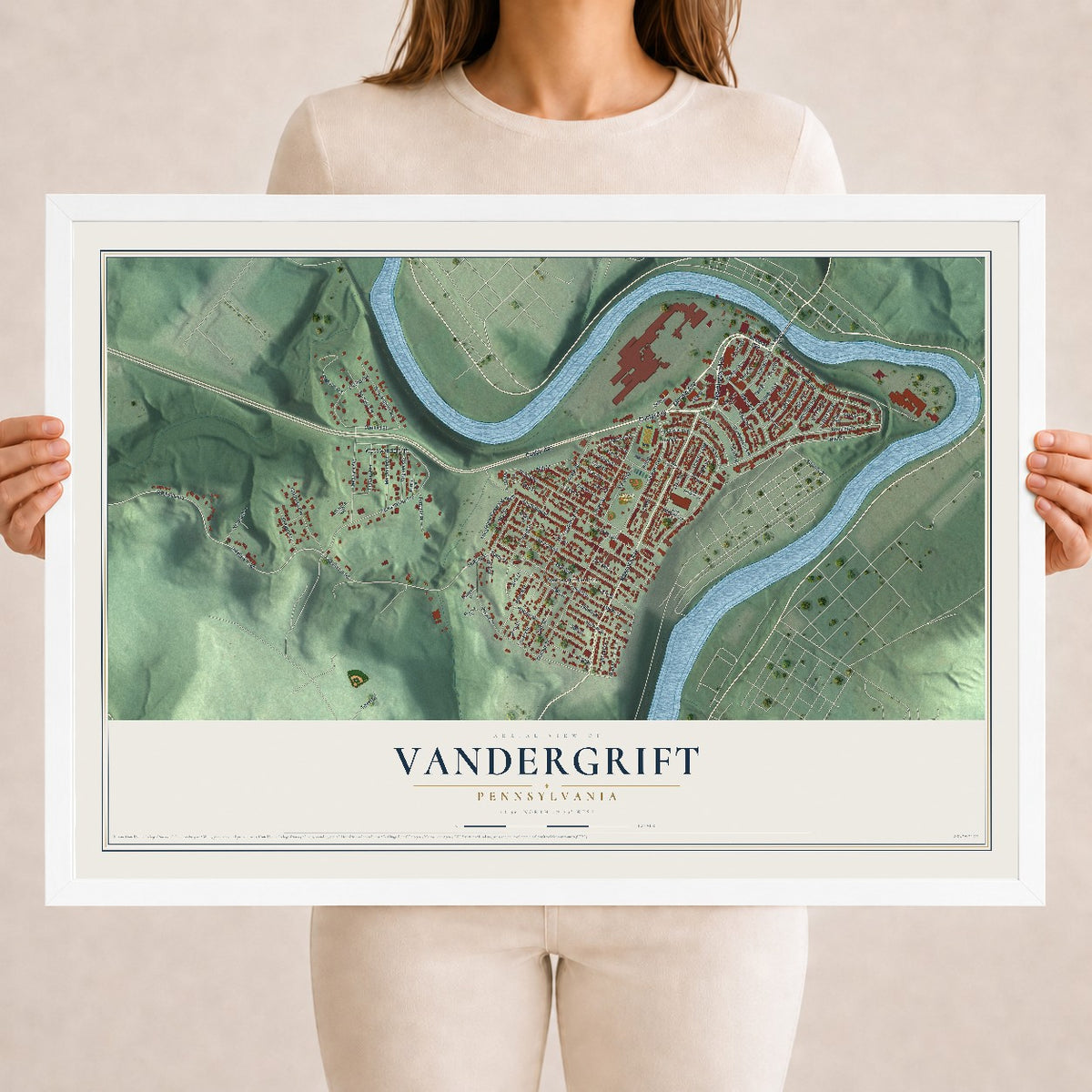 Map of Vandergrift, Pennsylvania, 18 x 24 inch print in a white wood frame