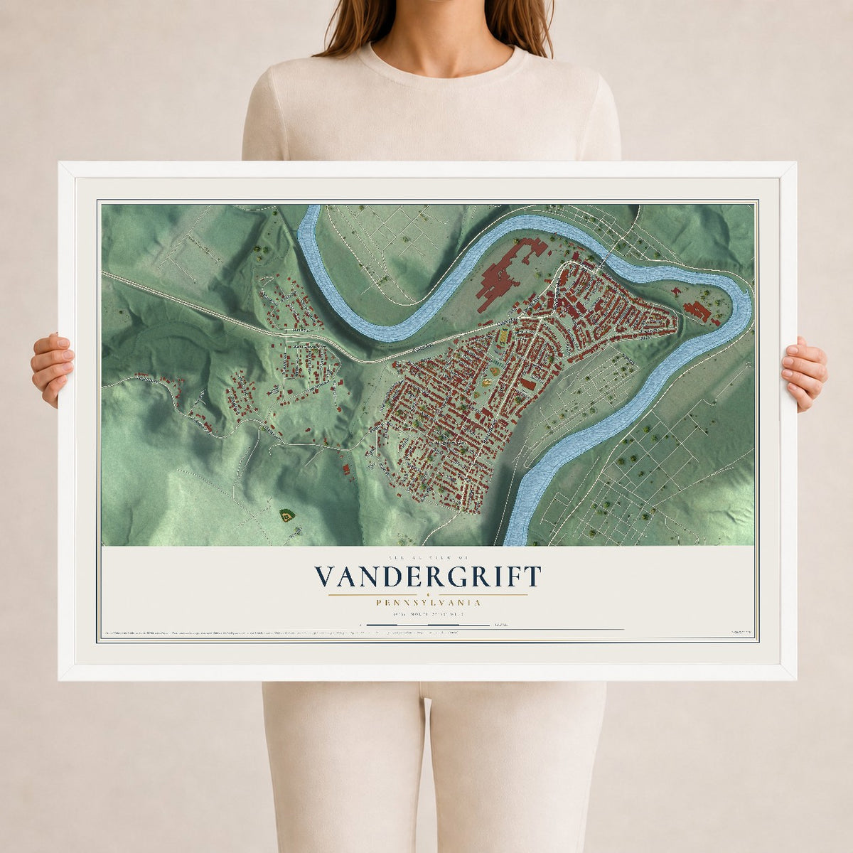 Map of Vandergrift, Pennsylvania, 24 x 36 inch print in a white wood frame