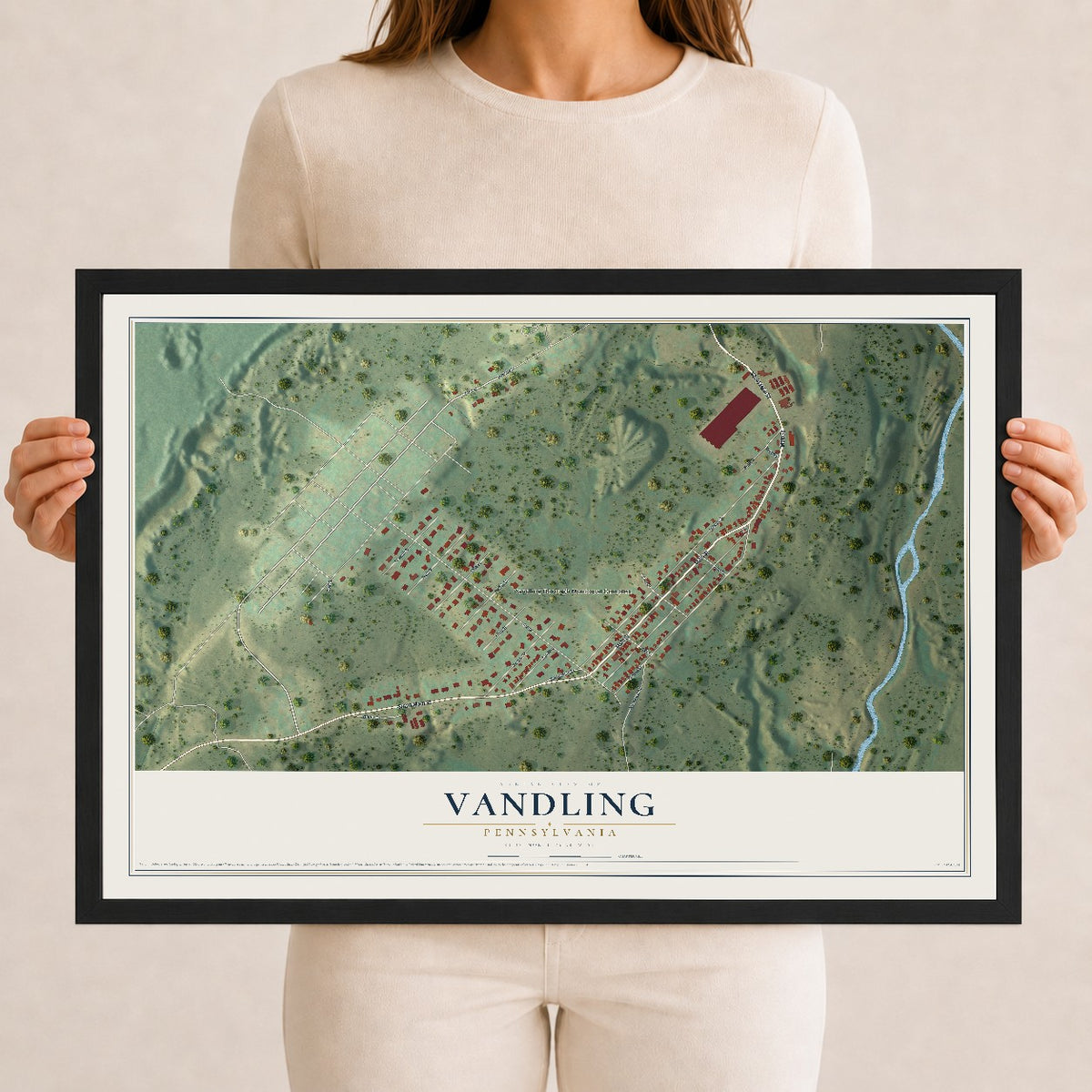 Map of Vandling, Pennsylvania, 12 x 18 inch print in a black wood frame