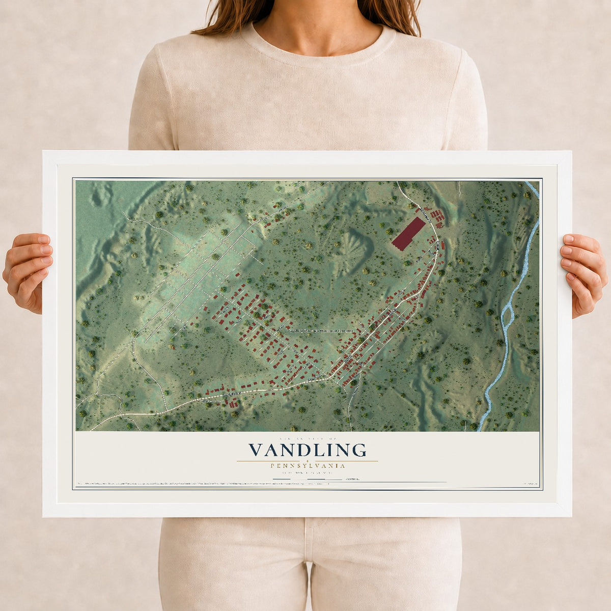 Map of Vandling, Pennsylvania, 12 x 18 inch print in a white wood frame
