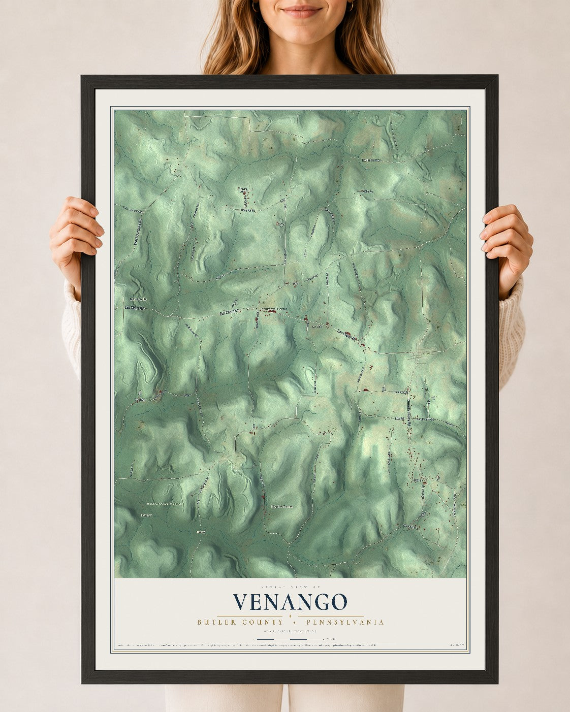 Map of Venango, Butler County, Pennsylvania, 24 x 36 inch print in a black wood frame