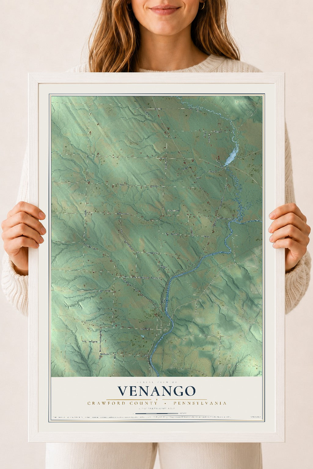 Map of Venango, Crawford County, Pennsylvania, 18 x 24 inch print in a white wood frame