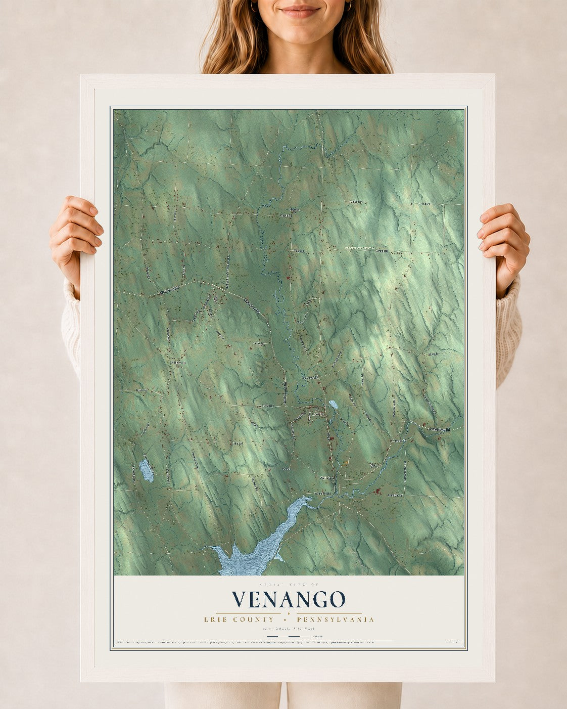 Map of Venango, Erie County, Pennsylvania, 24 x 36 inch print in a white wood frame