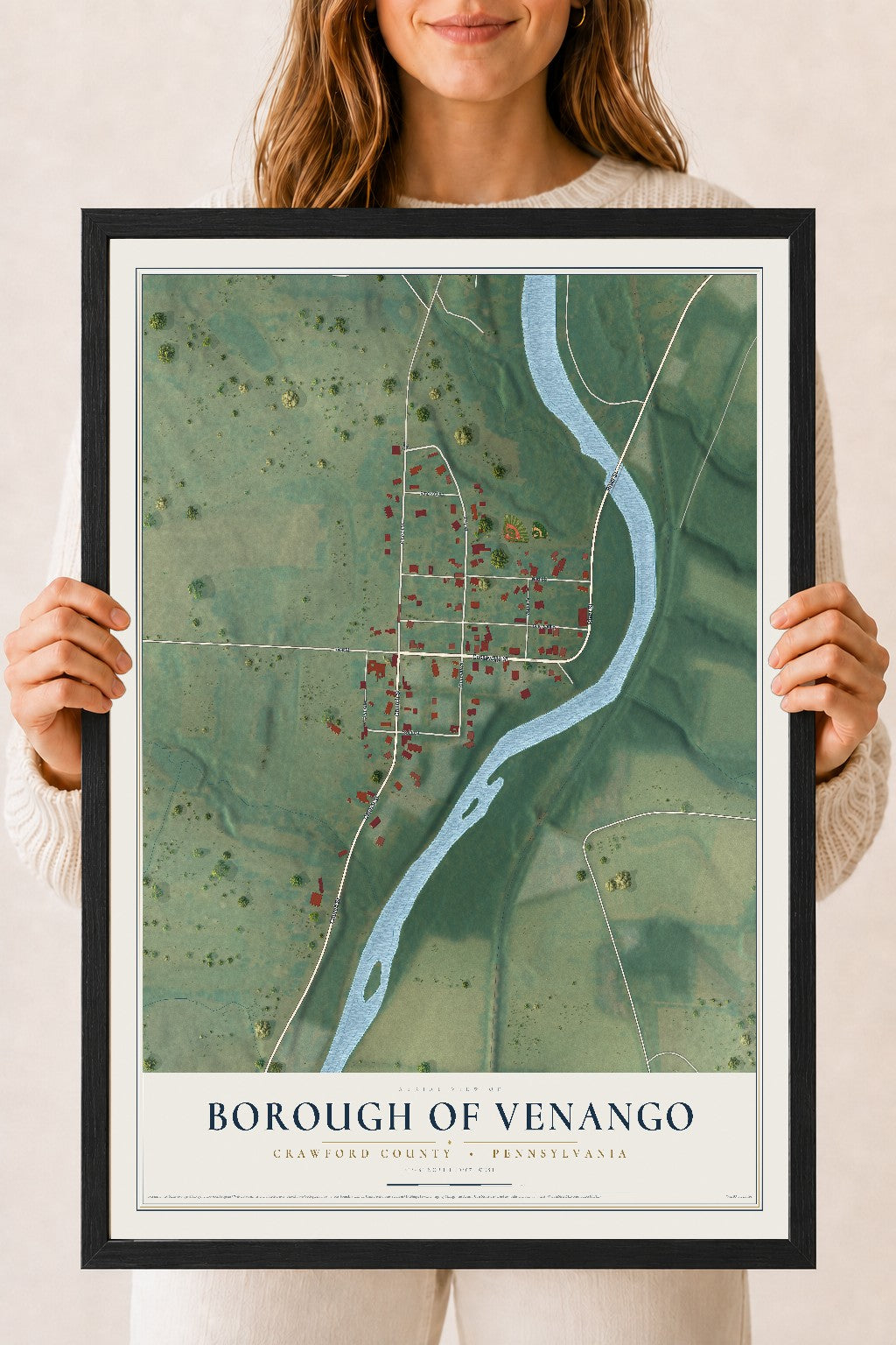 Map of the Borough of Venango, Crawford County, Pennsylvania, 18 x 24 inch print in a black wood frame