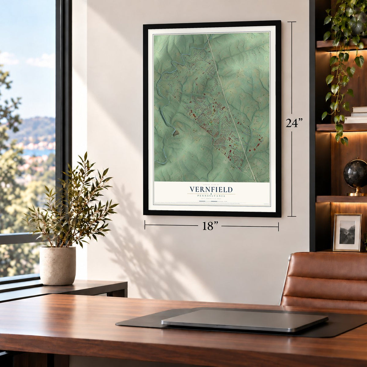 Vernfield, Pennsylvania map, 18 x 24 inch print in a black frame in a home office