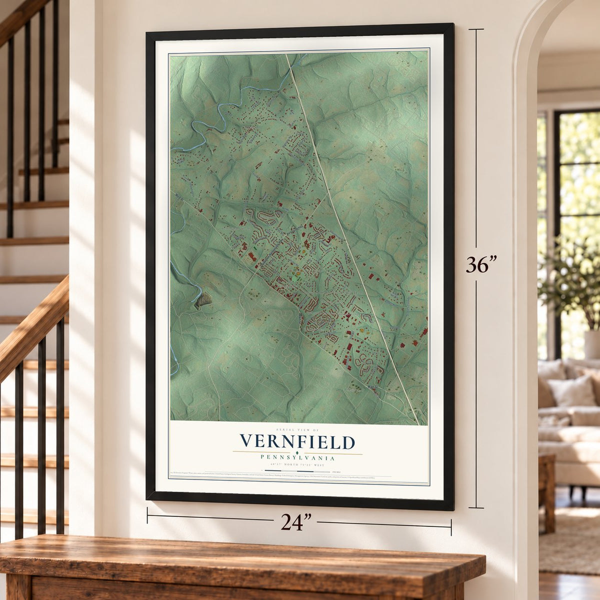 Vernfield, Pennsylvania map, 24 x 36 inch print in a black frame by a staircase