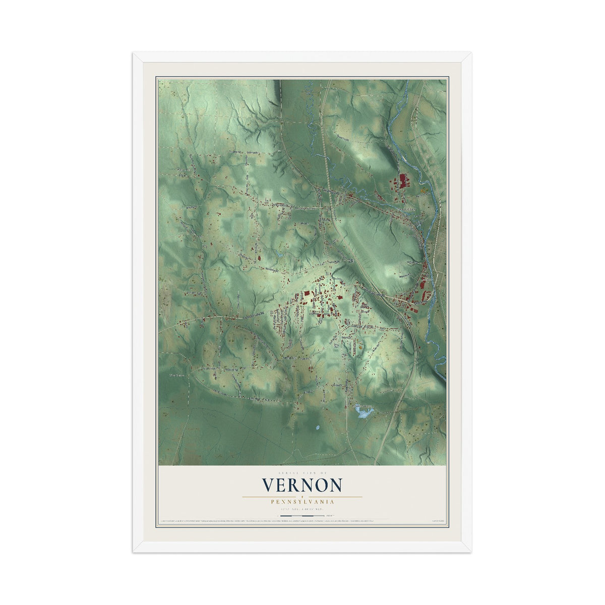 Map of Vernon, Pennsylvania, 12 x 18 inch print in a white wood frame