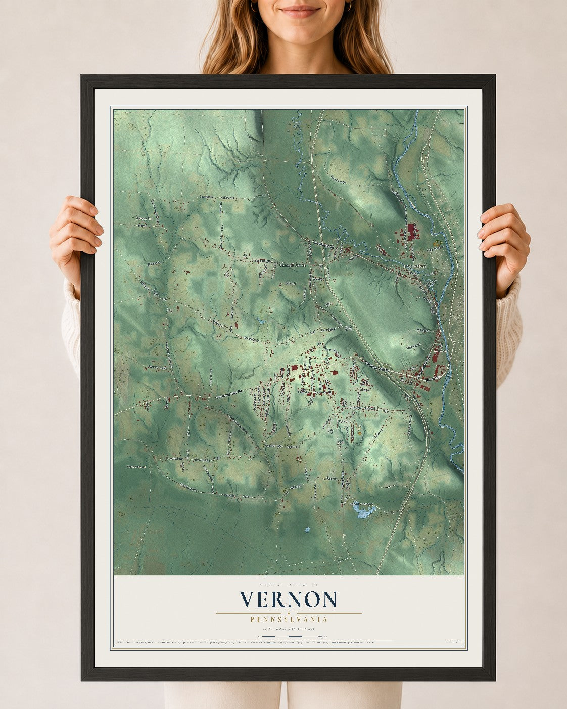 Map of Vernon, Pennsylvania, 24 x 36 inch print in a black wood frame