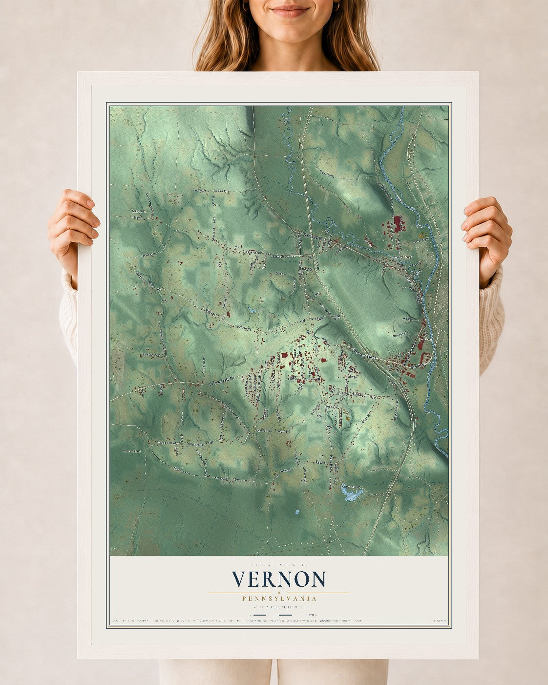 Map of Vernon, Pennsylvania, 24 x 36 inch print in a white wood frame