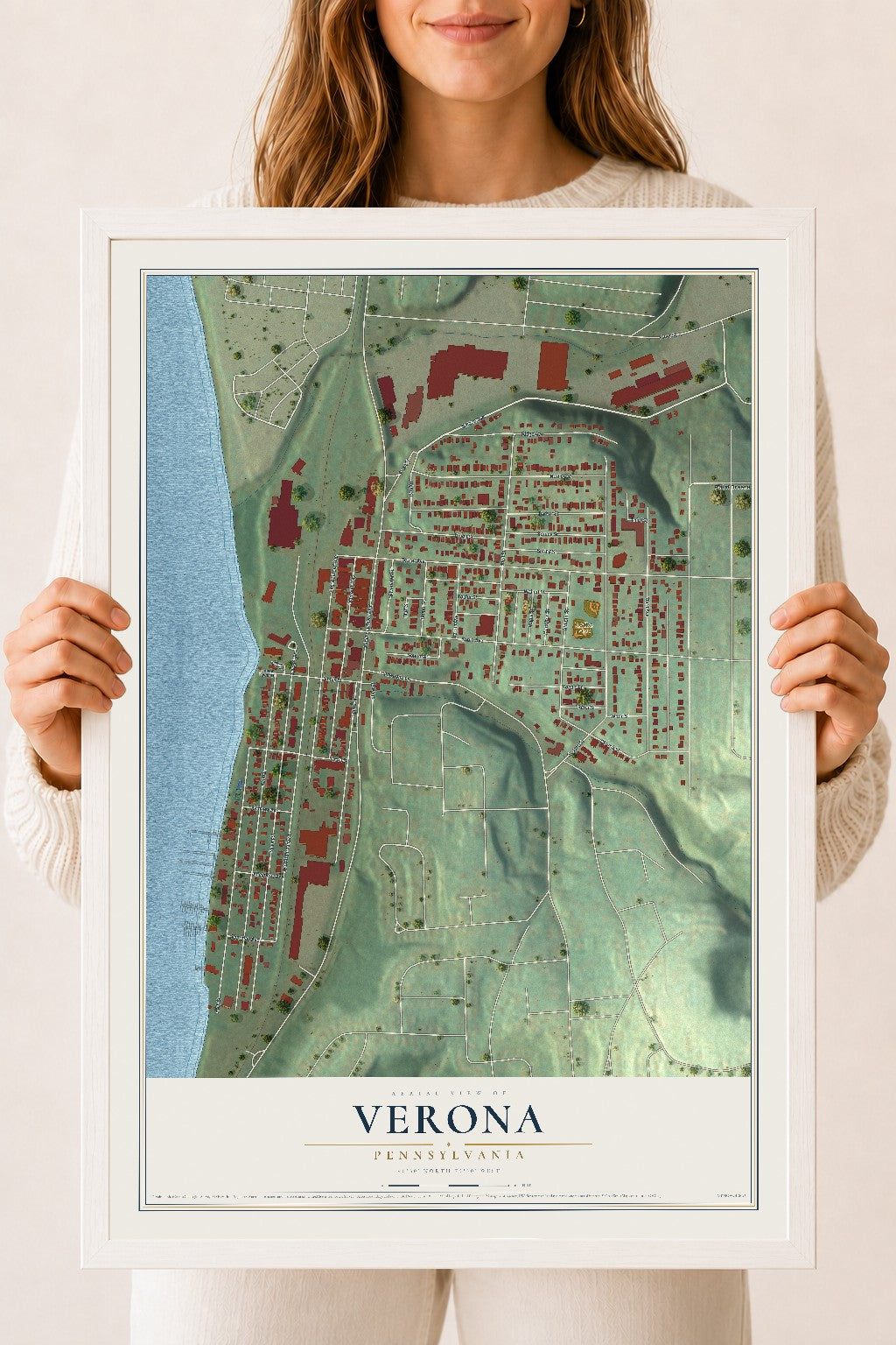 Map of Verona, Pennsylvania, 18 x 24 inch print in a white wood frame