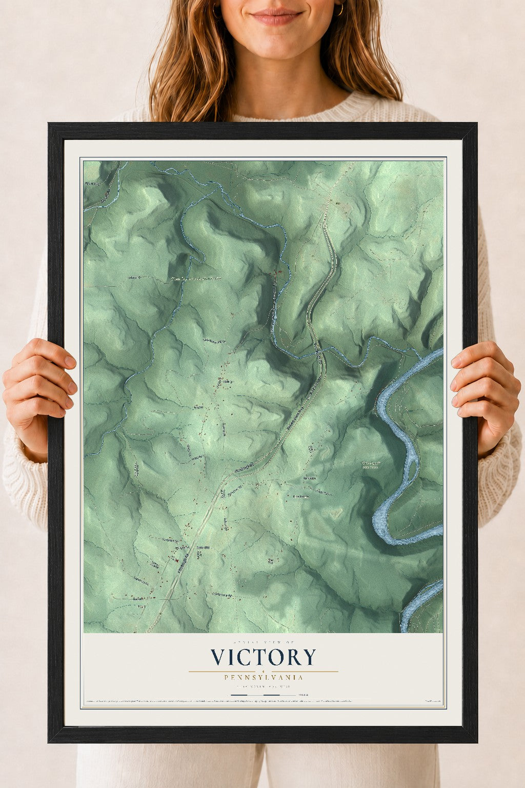 Map of Victory, Pennsylvania, 18 x 24 inch print in a black wood frame