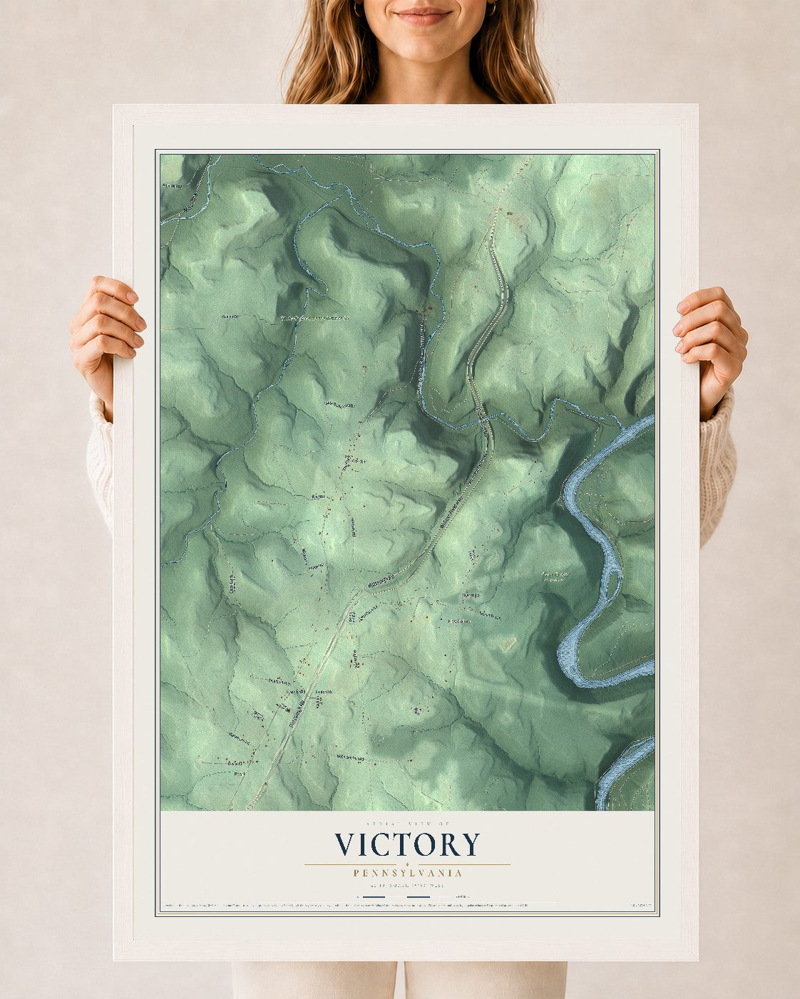Map of Victory, Pennsylvania, 24 x 36 inch print in a white wood frame