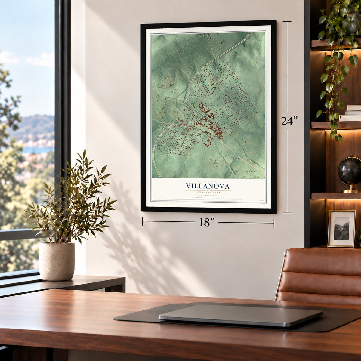 Villanova, Pennsylvania map, 18 x 24 inch print in a black frame in a home office