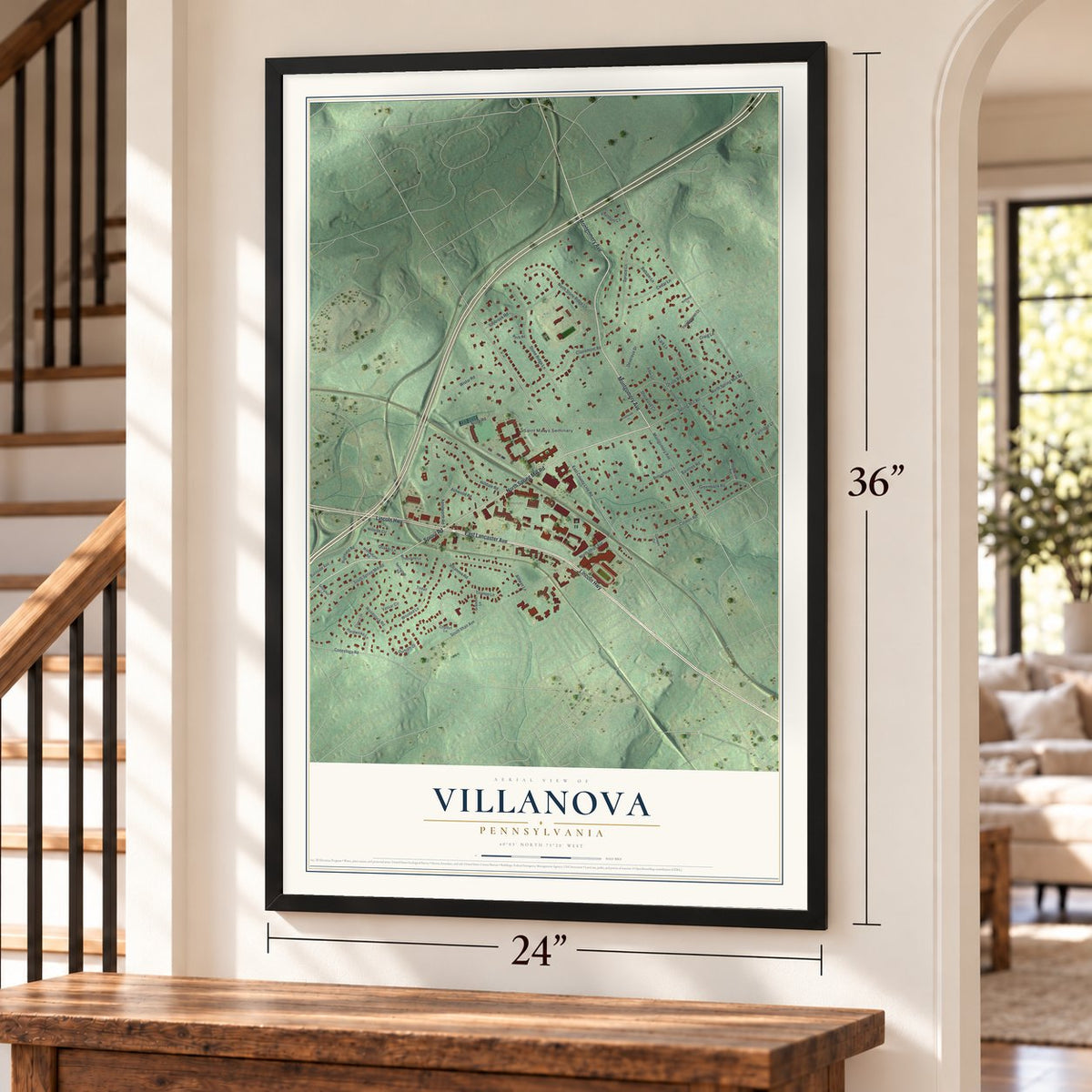 Villanova, Pennsylvania map, 24 x 36 inch print in a black frame by a staircase