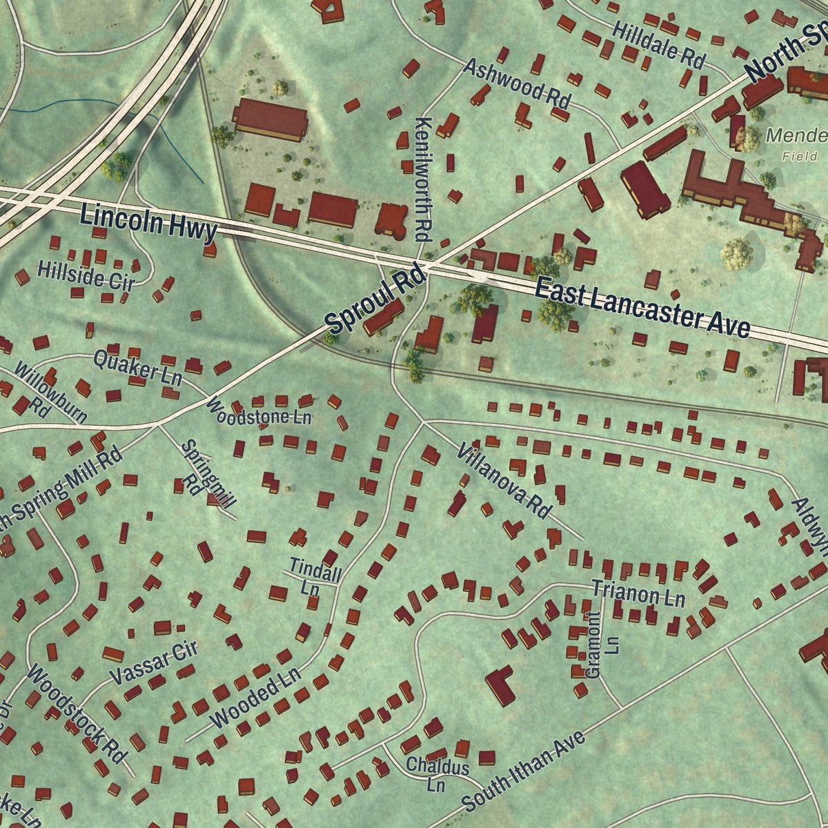 Close-up of the map of Villanova, Pennsylvania print showing street and building detail