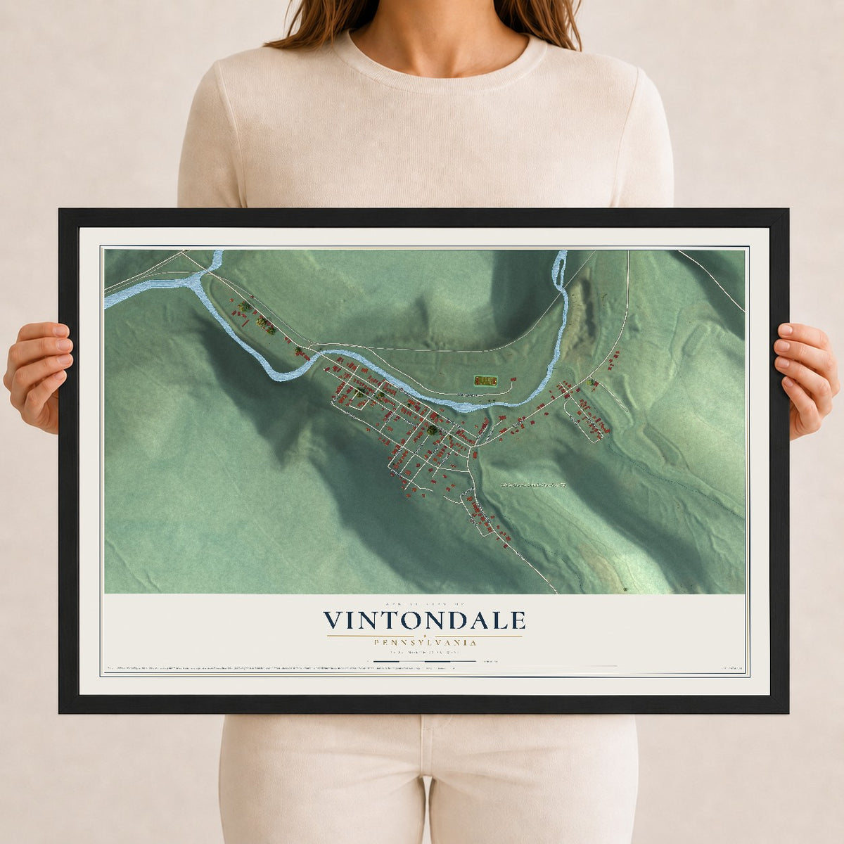Map of Vintondale, Pennsylvania, 12 x 18 inch print in a black wood frame