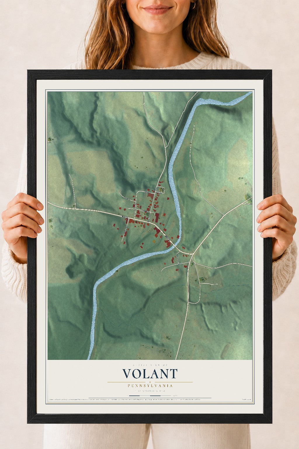Map of Volant, Pennsylvania, 18 x 24 inch print in a black wood frame