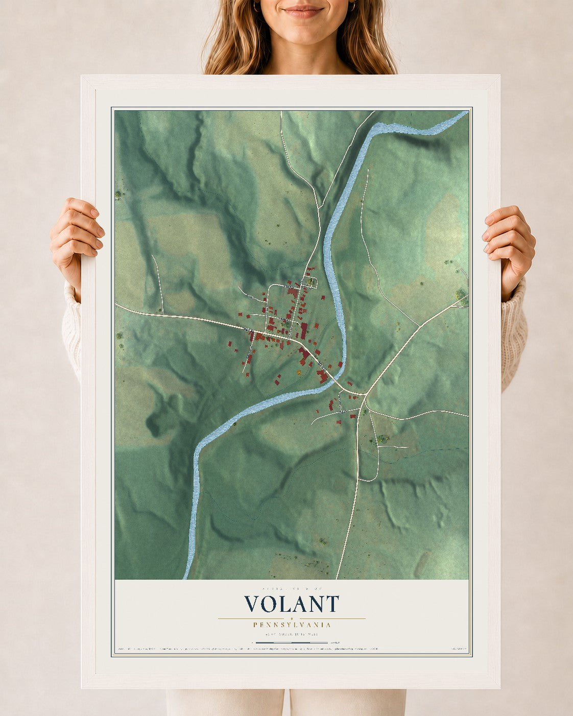 Map of Volant, Pennsylvania, 24 x 36 inch print in a white wood frame