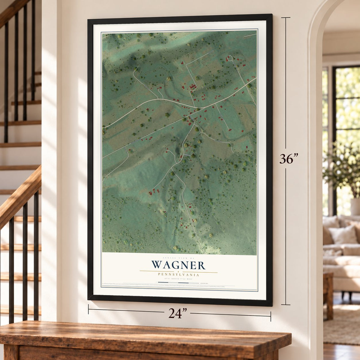 Wagner, Pennsylvania map, 24 x 36 inch print in a black frame by a staircase