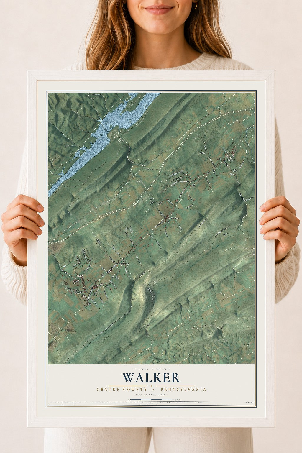 Map of Walker, Centre County, Pennsylvania, 18 x 24 inch print in a white wood frame