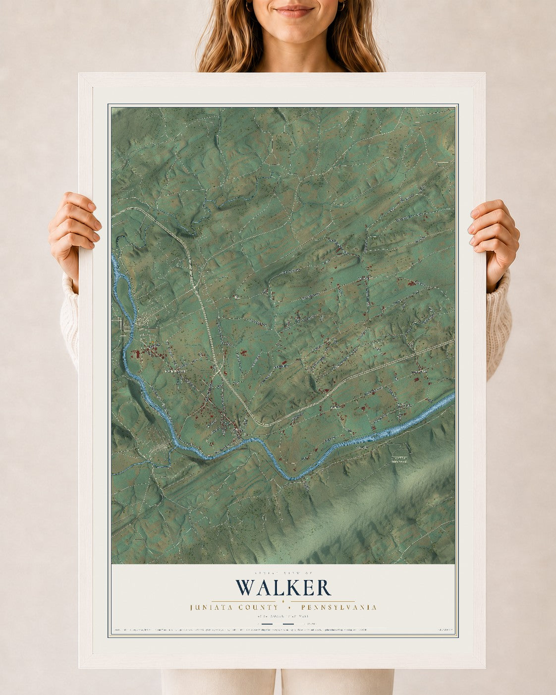 Map of Walker, Juniata County, Pennsylvania, 24 x 36 inch print in a white wood frame