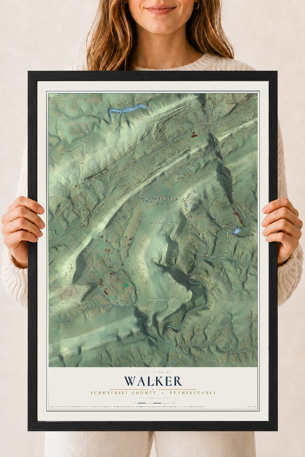 Map of Walker, Schuylkill County, Pennsylvania, 18 x 24 inch print in a black wood frame