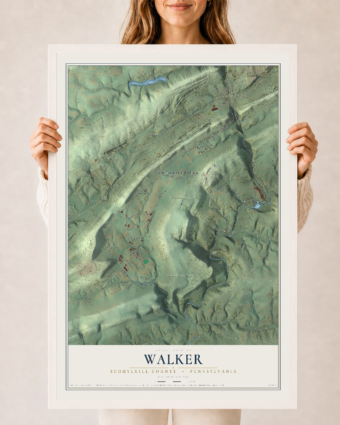 Map of Walker, Schuylkill County, Pennsylvania, 24 x 36 inch print in a white wood frame