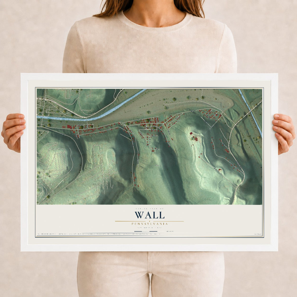 Map of Wall, Pennsylvania, 12 x 18 inch print in a white wood frame